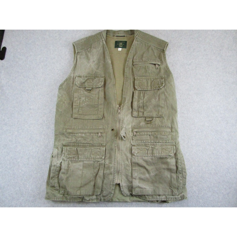 Orvis Fly Fishing Vest Mens Large Green Tan Hunting Safari Canvas Pockets